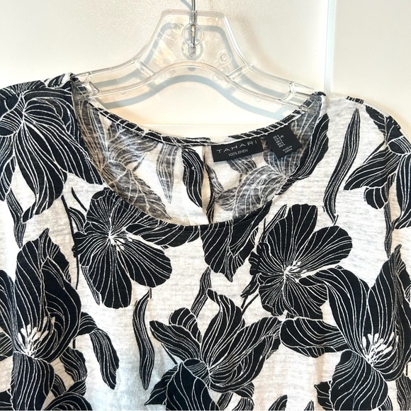 Tahari Women's Black and White Floral 100% Linen Tee in Size‎ L - Picture 3 of 9